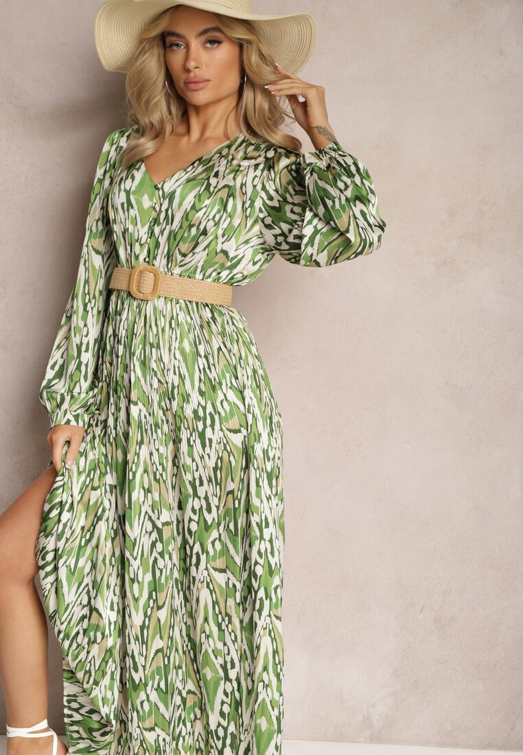 Rochie Evazată Maxi Verde cu Elastic în Talie Decorată cu Model Abstract Raliven