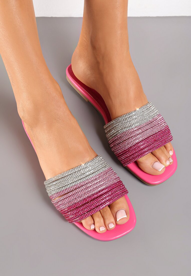 Papuci Roz din piele ecologică cu dungi cu zirconii Stellema