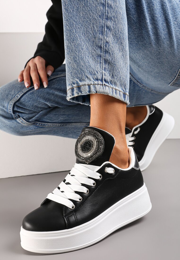 Adidași Negri pe Platformă cu Zirconii pe Limbă Lată Esirel