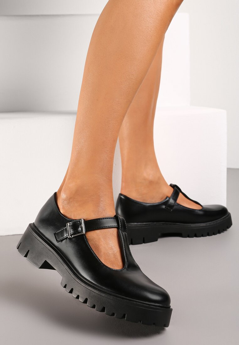 Pantofi josi Negri din Piele ecologică cu Toc plat cu Cataramă Frisena