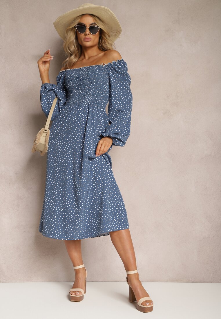Rochie Midi Bleumarin Evazată Cu buline Gernia