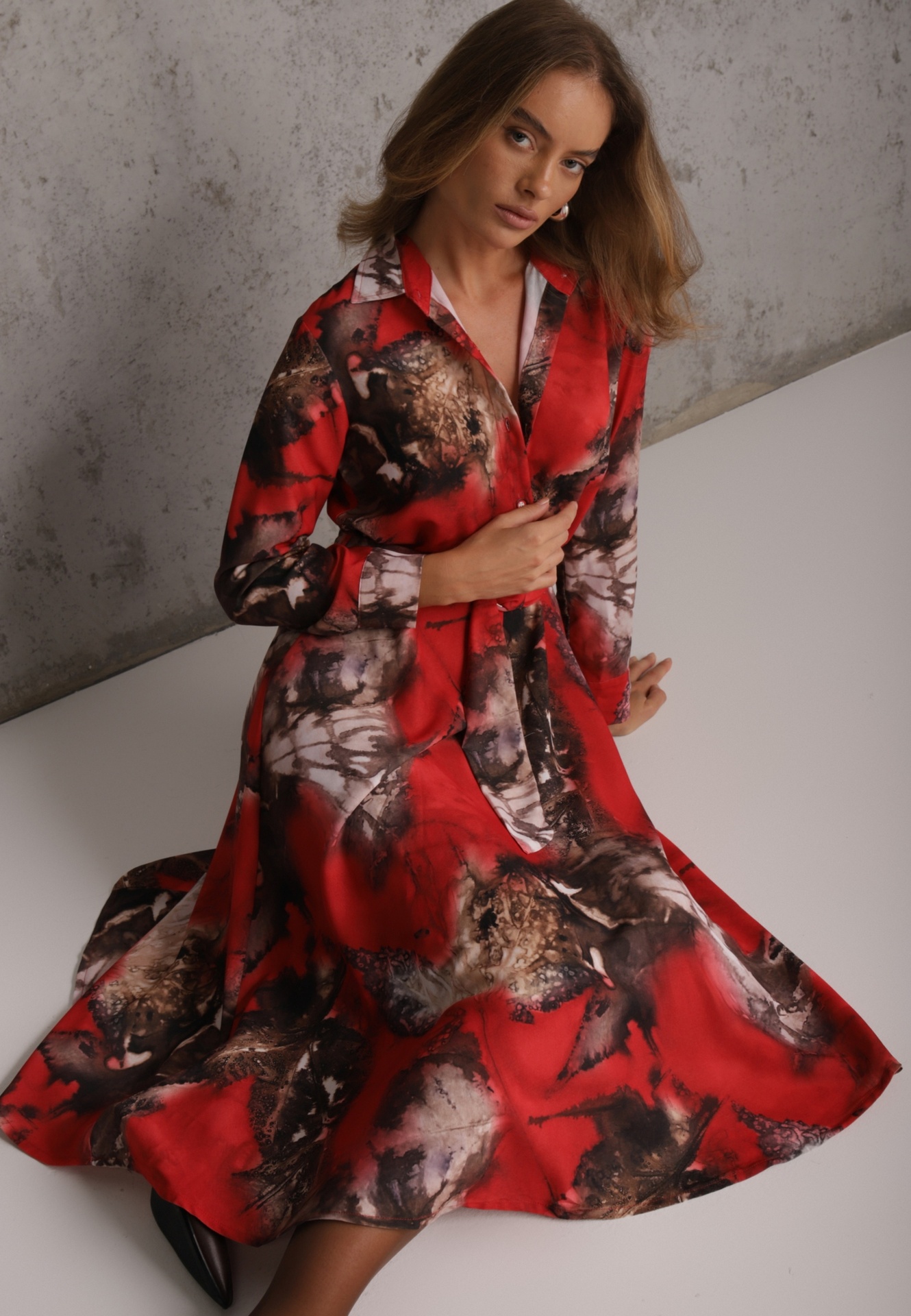Rochie Midi Roșu-Maro cu Croială Cloș cu curea cu cataramă Olvira