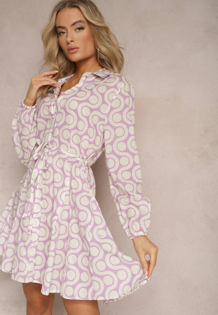 Rochie cămașă Fioletovo-Bej din Bumbac cu Model Geometric Vearil