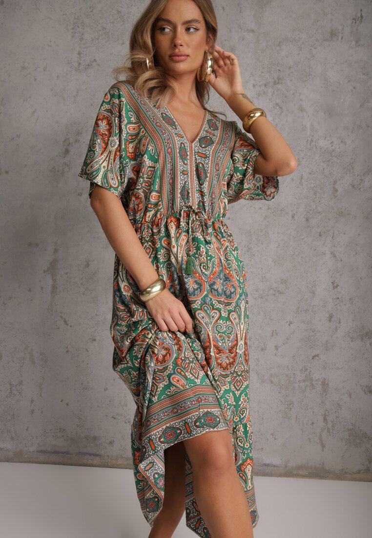 Rochie Maxi Verde-Maro din Viscoză în Stil Boho cu Imprimeu Paisley și Elastic în Talie Naroli