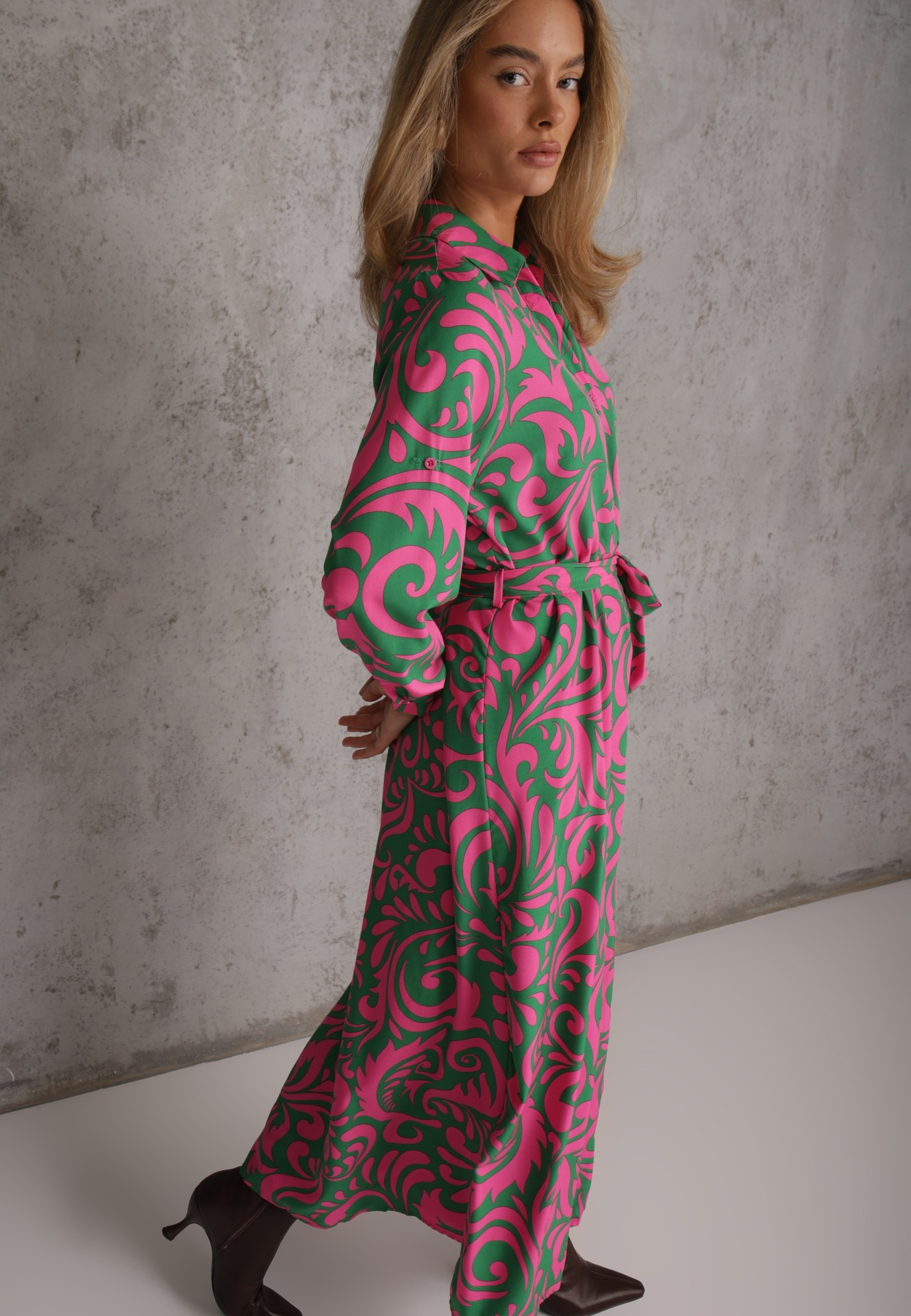Rochie tip cămașă Verde-Fuchsia Maxi cu cordon textil cu imprimeu abstract Lirans