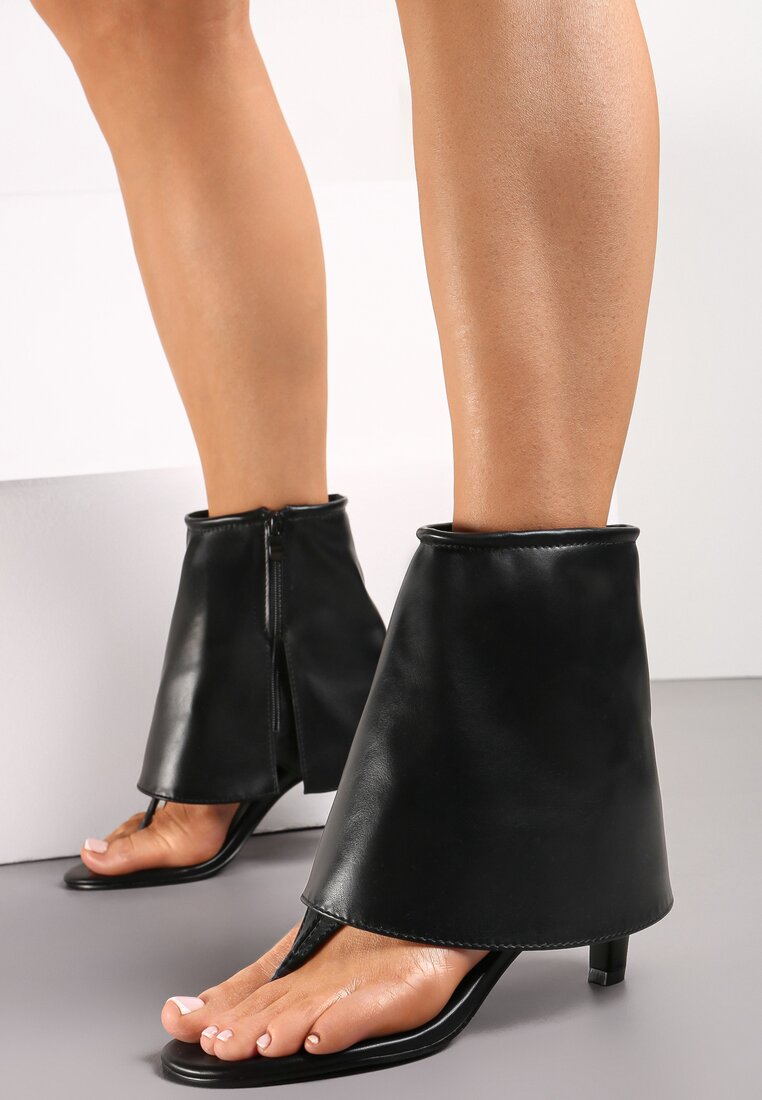Sandale Negre cu baretă între degete, cu toc gros, cu baretă la gleznă, din piele ecologică Jorilda