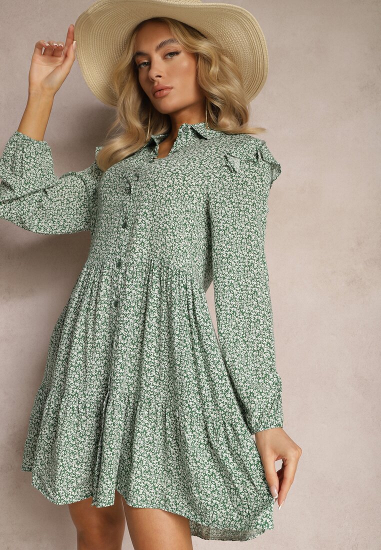 Rochie Mini Verde cu croi evazat cu imprimeu floral cu volane Limrena