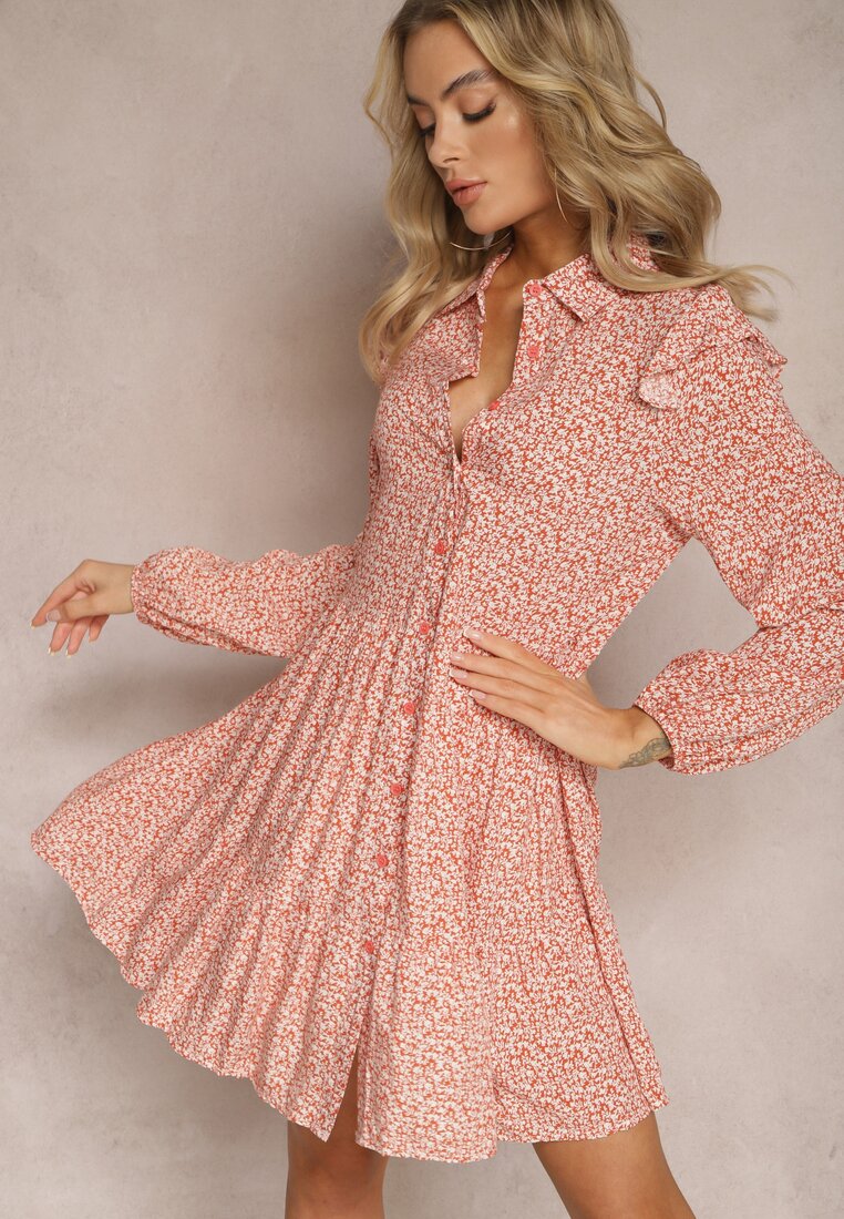 Rochie Mini Roz evazată cu flori cu volane Limrena