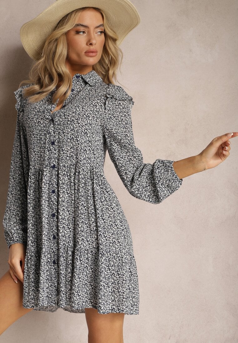 Rochie mini bleumarin-albă cu croială evazată florală cu volane Limrena