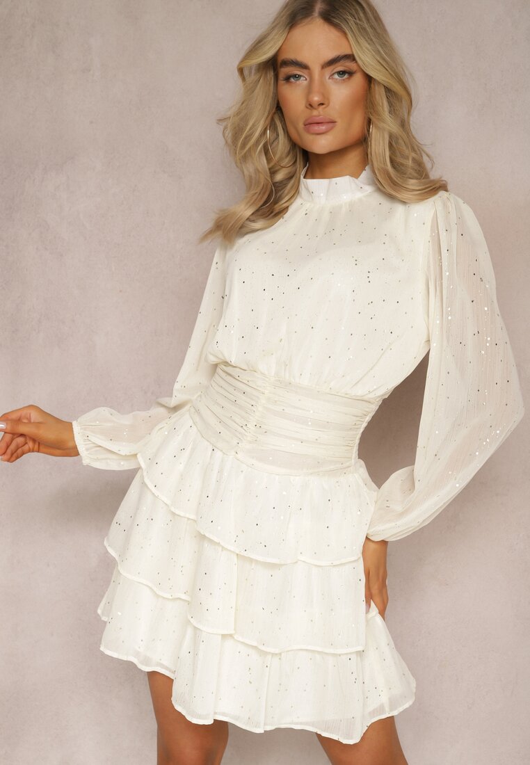 Rochie de cocktail bej deschis cu volane și imprimeu strălucitor Merrinda