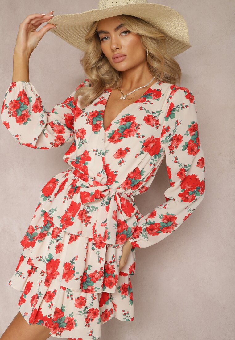 Rochie Evazată Tip Plic cu Volane și Curea Textilă cu Imprimeu Floral Bej-Roșu Voliesa