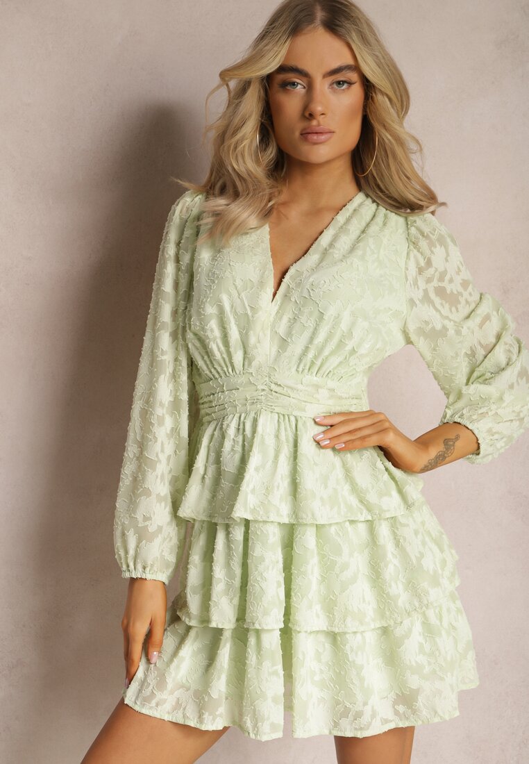 Rochie Mini Verde deschis cu Croială Evazată cu Volane și Drapată Sealine