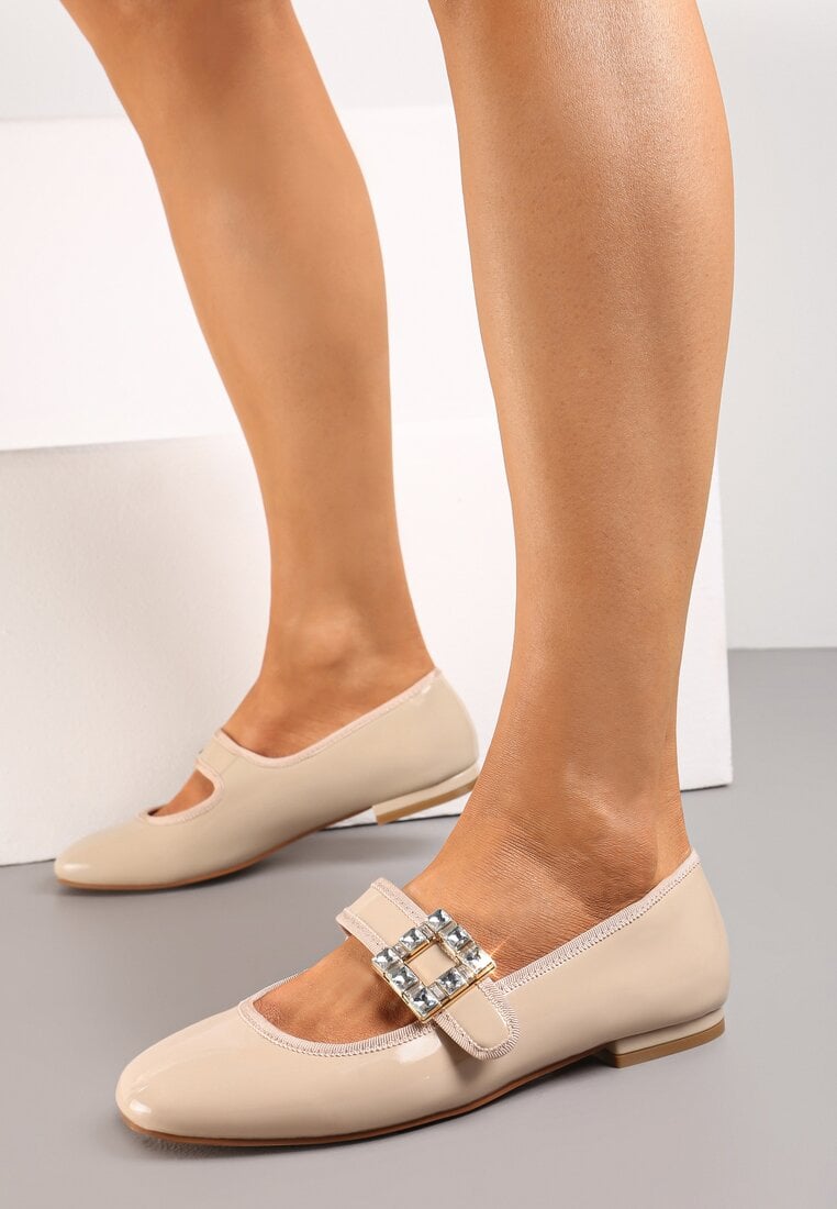 Balerini Bej Lăcuiți cu Baretă și Cataramă Bijuterie Ulintra