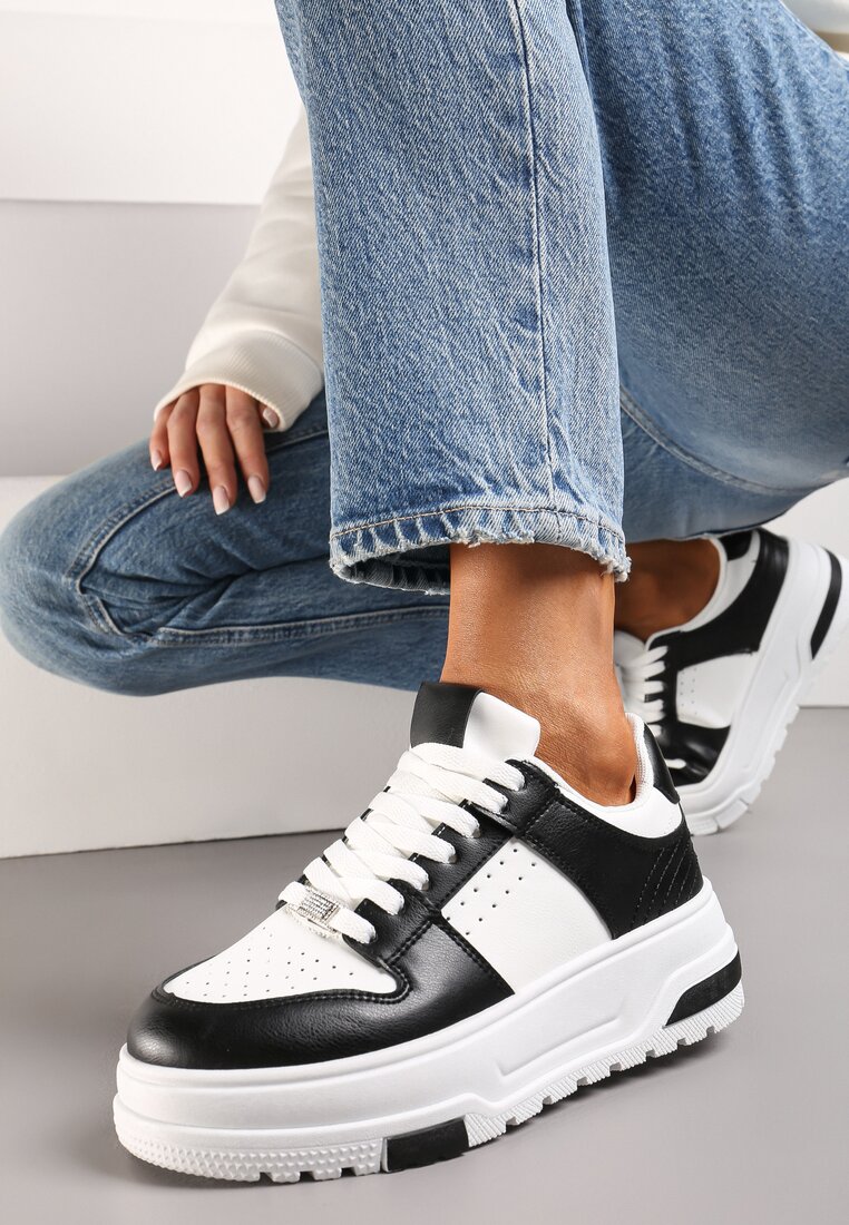 Sneakers Alb-Negri din Piele ecologică cu Talpă groasă cu Inserții decorative Sarnei