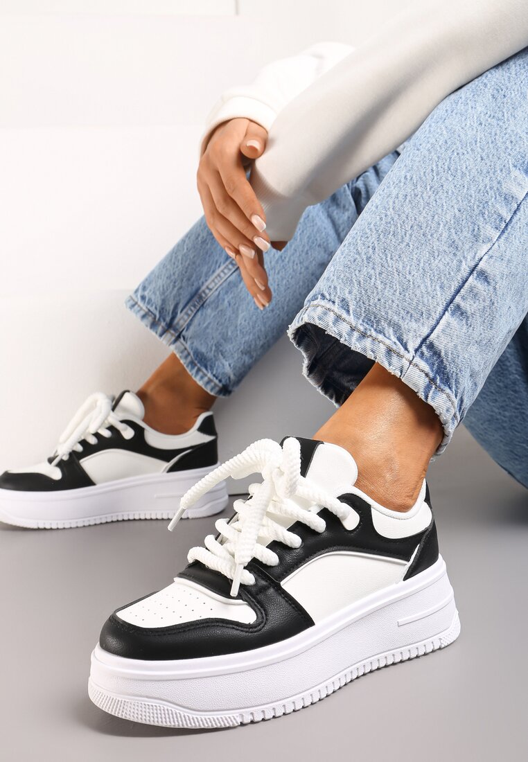 Adidași Albi și Negri cu carâmb cu numeroase inserții pe talpă groasă Lenarise