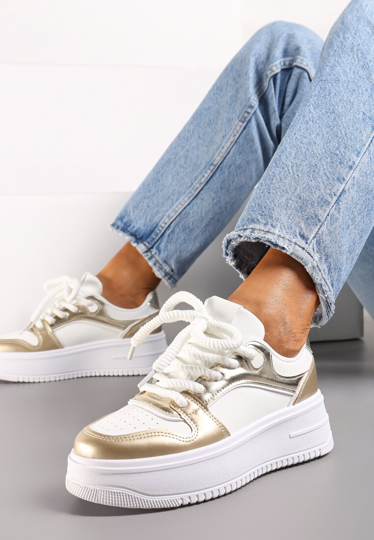 Adidași Albi-Aurii cu carâmb cu Inserții Numeroase pe Talpă Groasă Lenarise