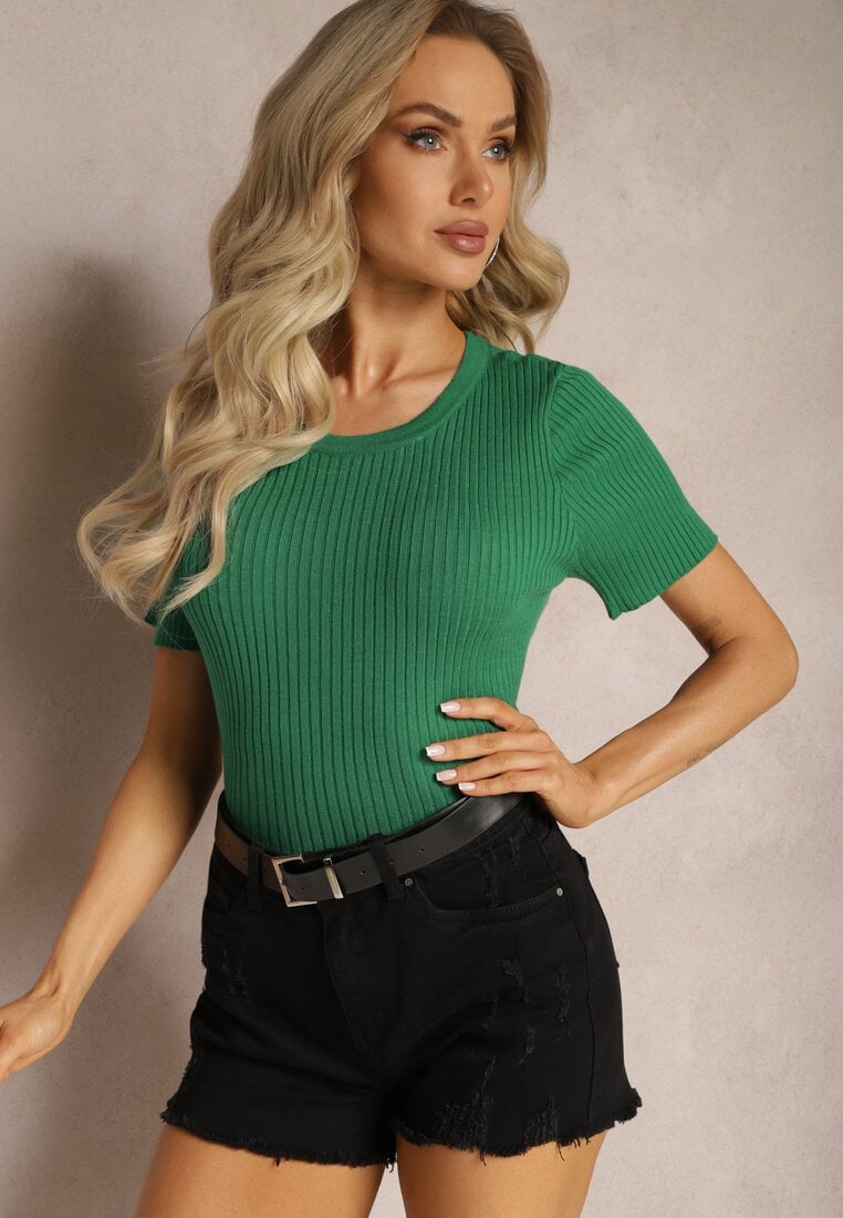 T-shirt Verde din Tricot Reiat cu Croială Scurtă Poutia