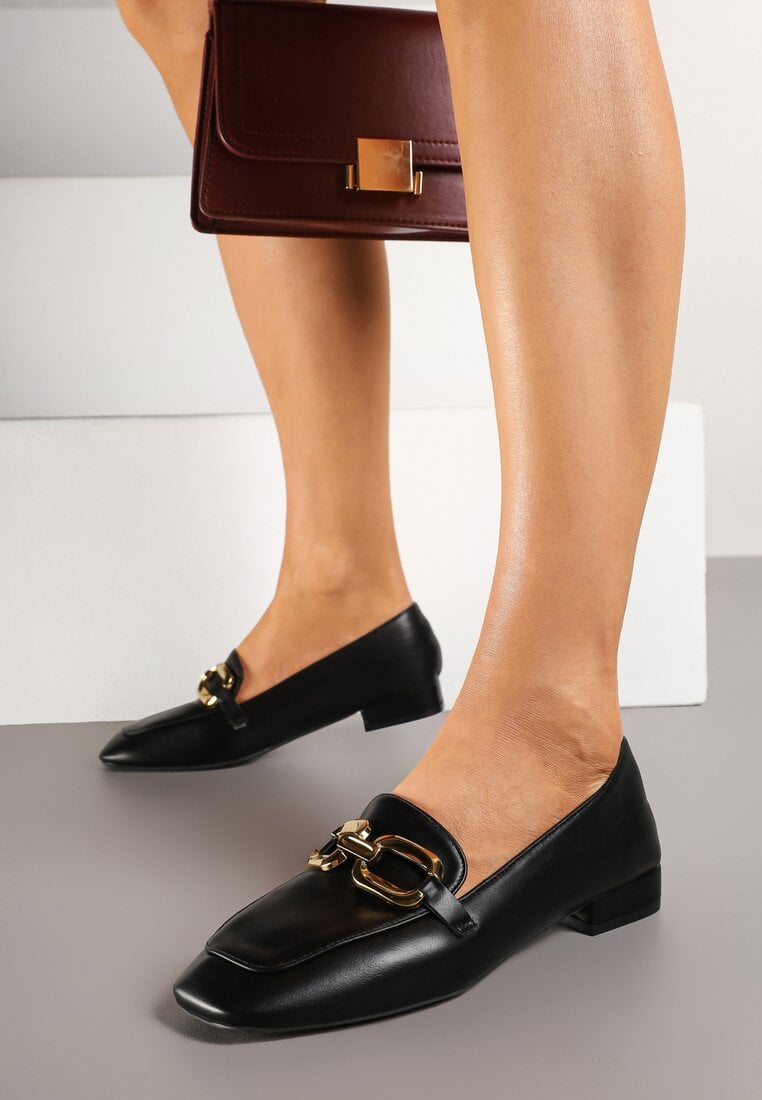 Mocasini Negre Elegante cu toc plat cu cataramă Lorenme