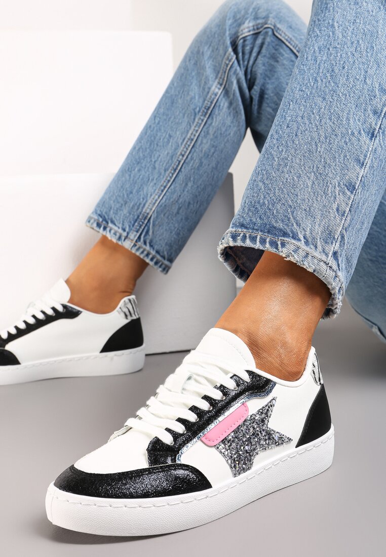 Adidași Alb-Negru cu inserții cu sclipici și cu o stea Reniva