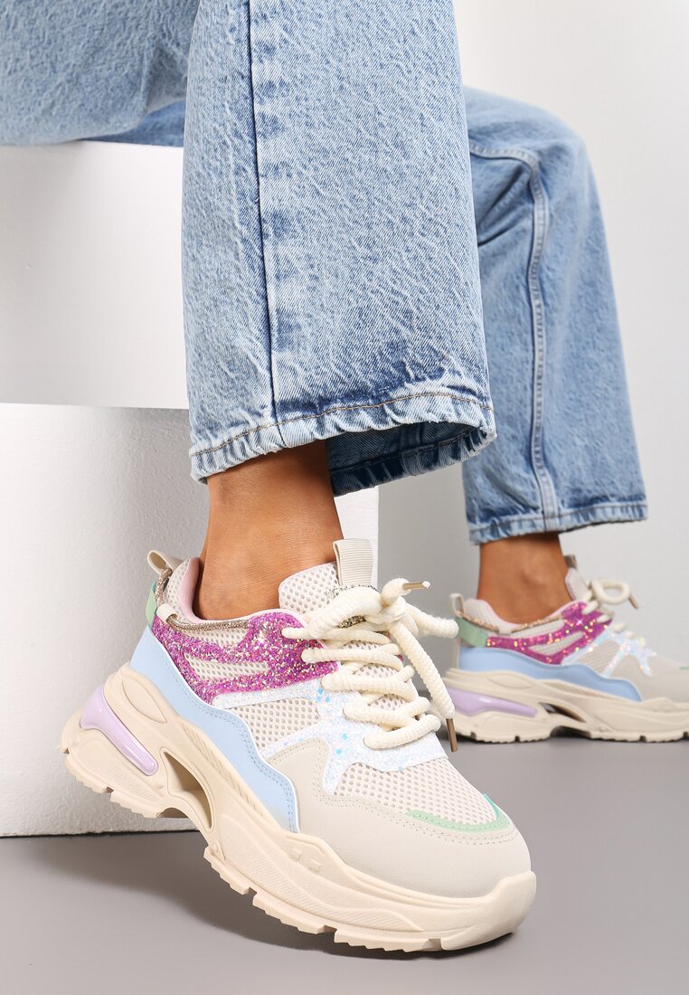 Adidași Bej-Roz cu Talpă Groasă, cu Plasă și Detalii Strălucitoare Xernnia