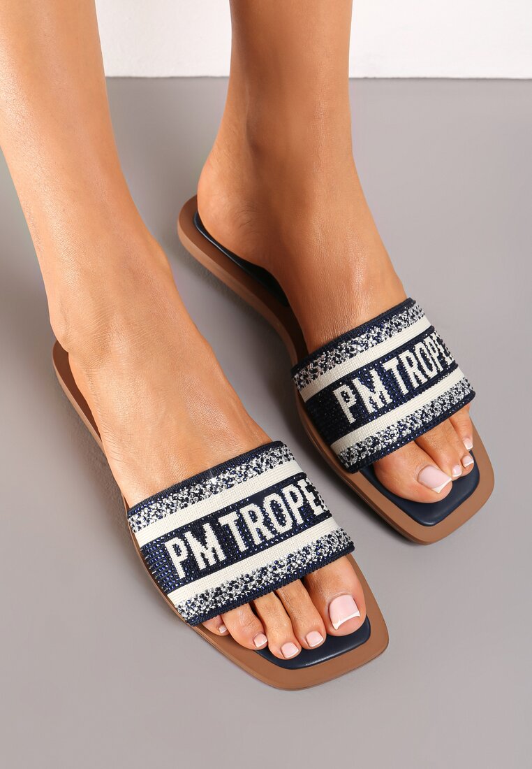 Papuci Albaștri Decorați cu Zirconii și inscripție cu Vârf Pătrat Buria