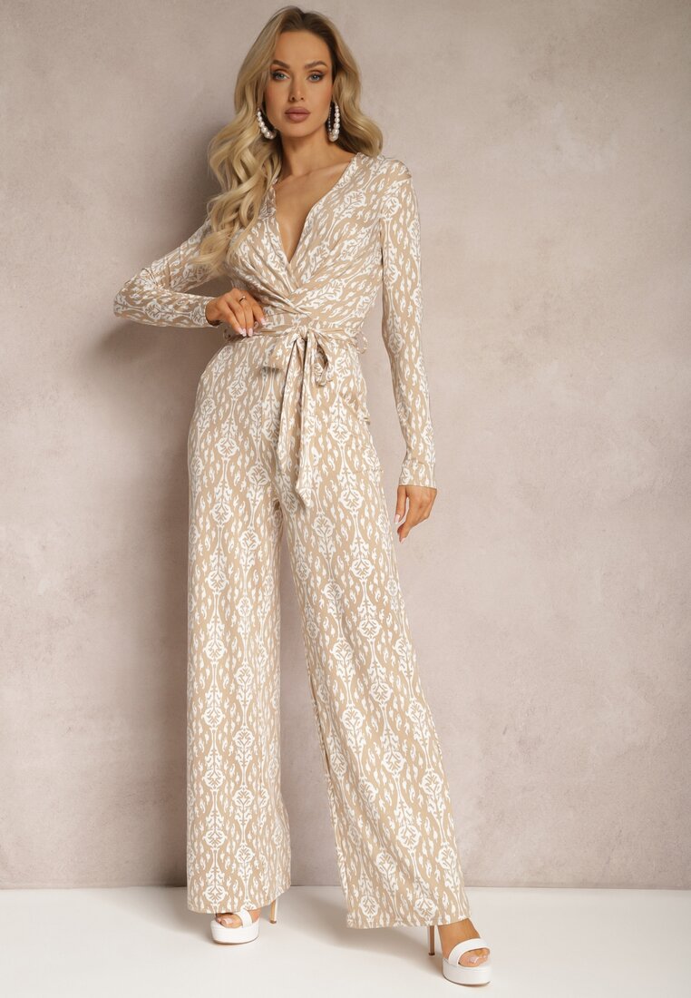 Salopetă petrecută bej cu curea în talie și cu model decorativ Mirannda