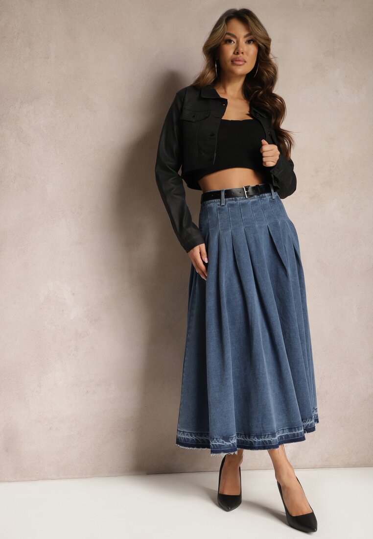 Fustă bleumarin din denim evazată cu curea din piele ecologică Nalier