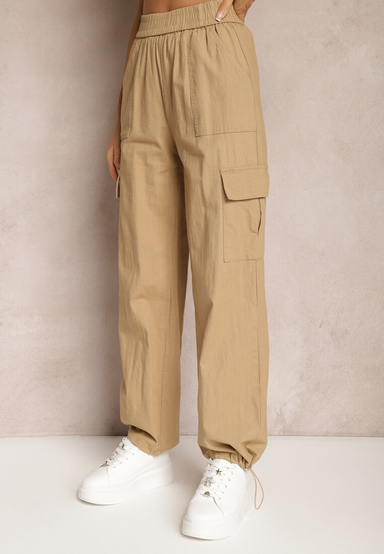 Pantaloni tip parașută bej cu talie înaltă și cu buzunare cu clapetă Nymfa