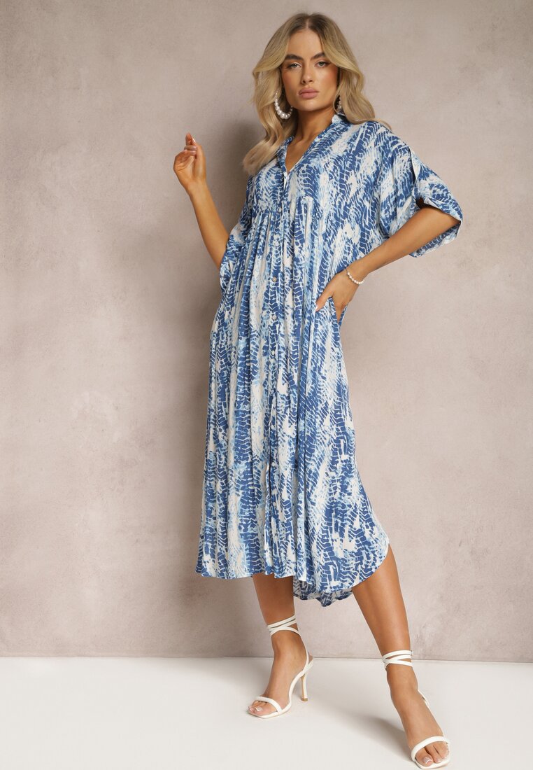 Rochie Albastră Evazată cu guler din viscoză cu model modern Ilvana