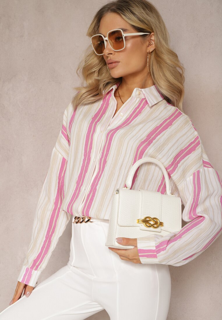 Cămașă Bej-Fucsia Casual din Bumbac în Dungi Sileata