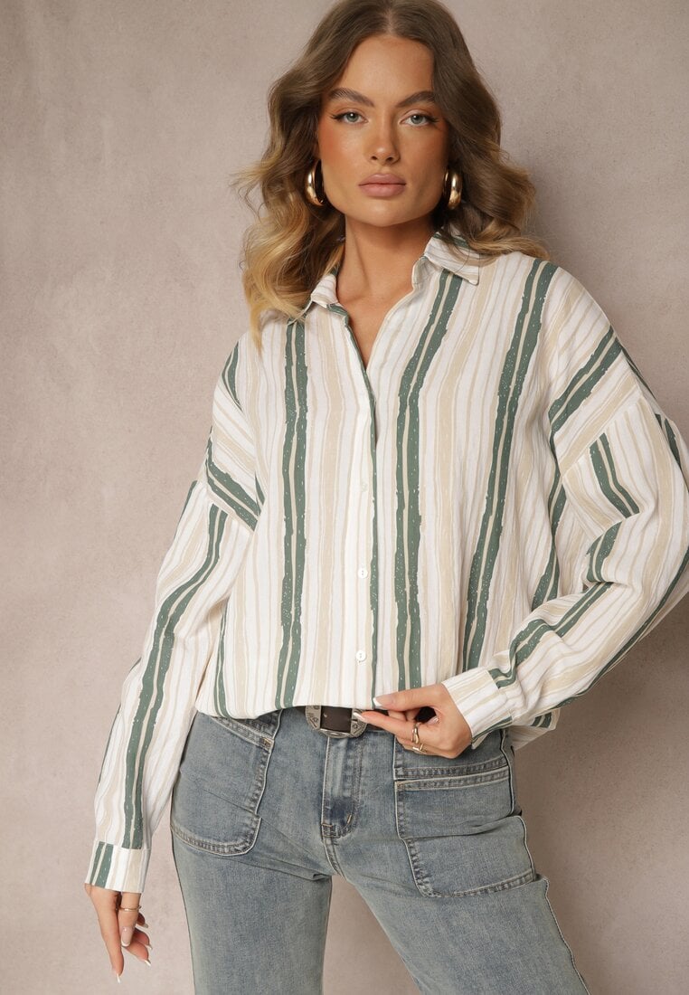 Cămașă casual bej din bumbac cu dungi Sileata