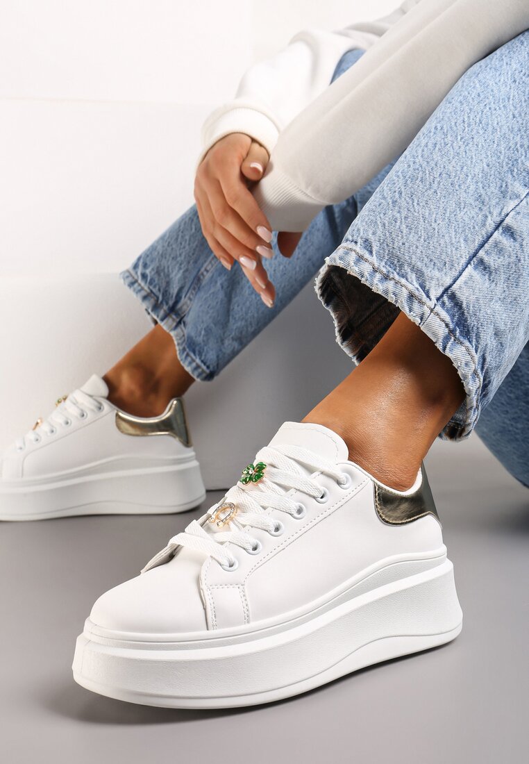 Adidași Albi-Aurii decorați cu zirconii și flori pe talpă groasă Rainasse