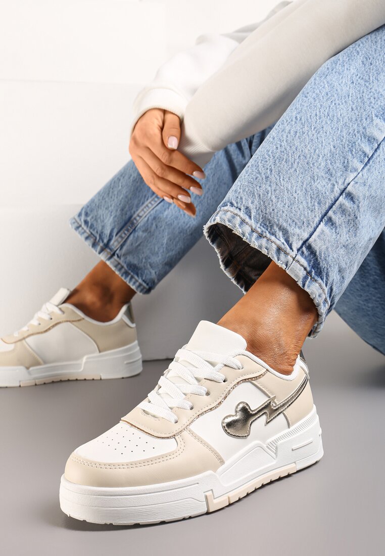 Sneakers bej cu șireturi, cu talpă groasă, cu aplicații cu sclipici Anaieli