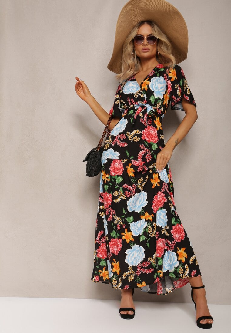 Rochie maxi neagră și albastră cu talie elastică, cu mâneci largi și imprimeu floral Nodriala