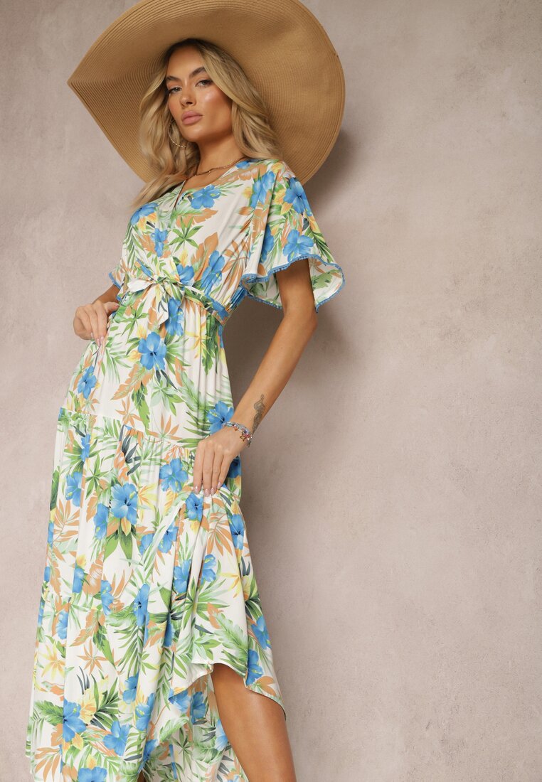 Rochie Alb-Verde pentru Vară Maxi florală cu elastic și cordon legat în talie Uveilla