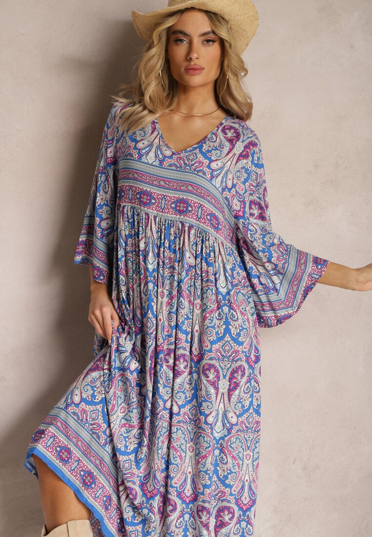 Rochie Lungă Albastru-Violet Evazată cu Mâneci 3/4 cu Model Paisley Amarethia