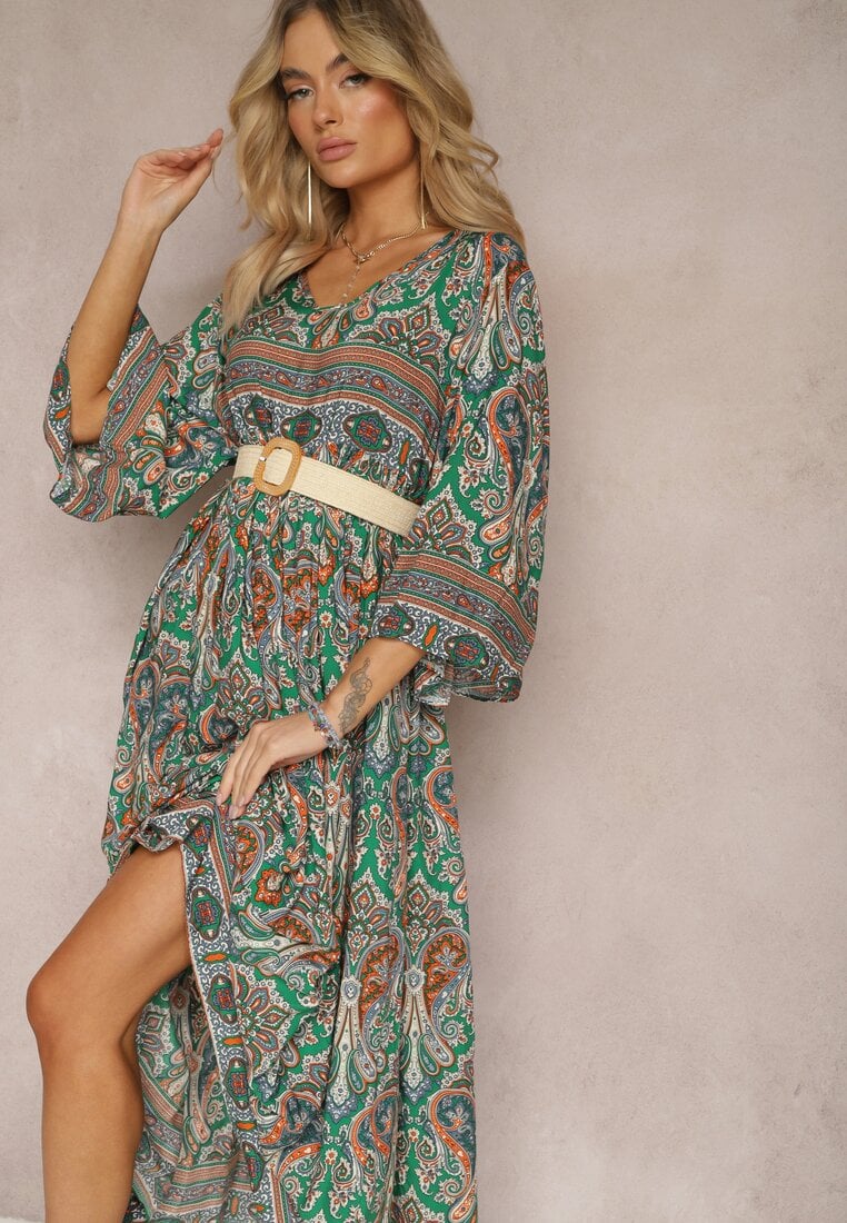 Rochie Verde Lungă Cloș cu Mâneci 3/4 cu Imprimeu Paisley Amarethia