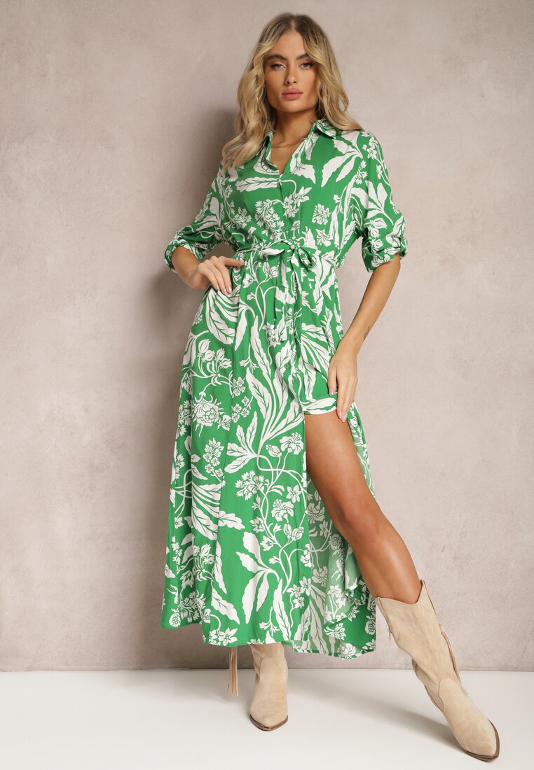 Rochie Verde-Albă cu croială lungă tip cămașă cu model floral Seraplle