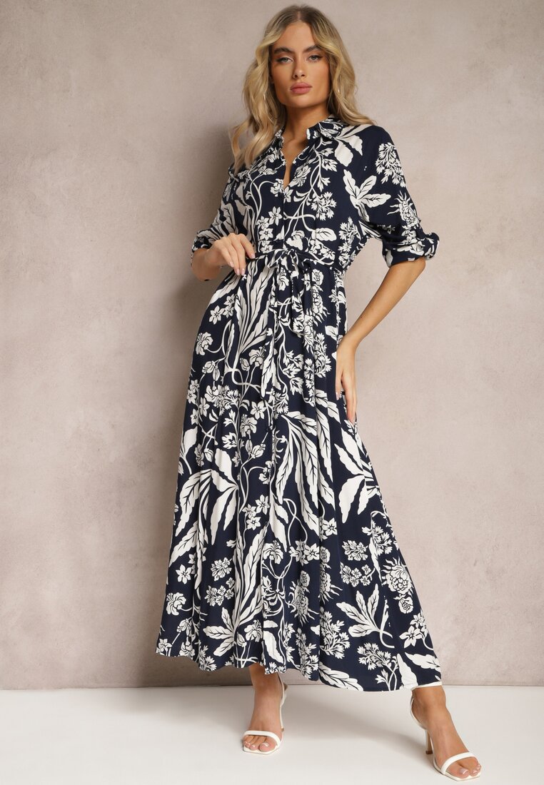 Rochie Bleumarin și Alb cu croială lungă tip cămașă cu imprimeu floral Seraplle