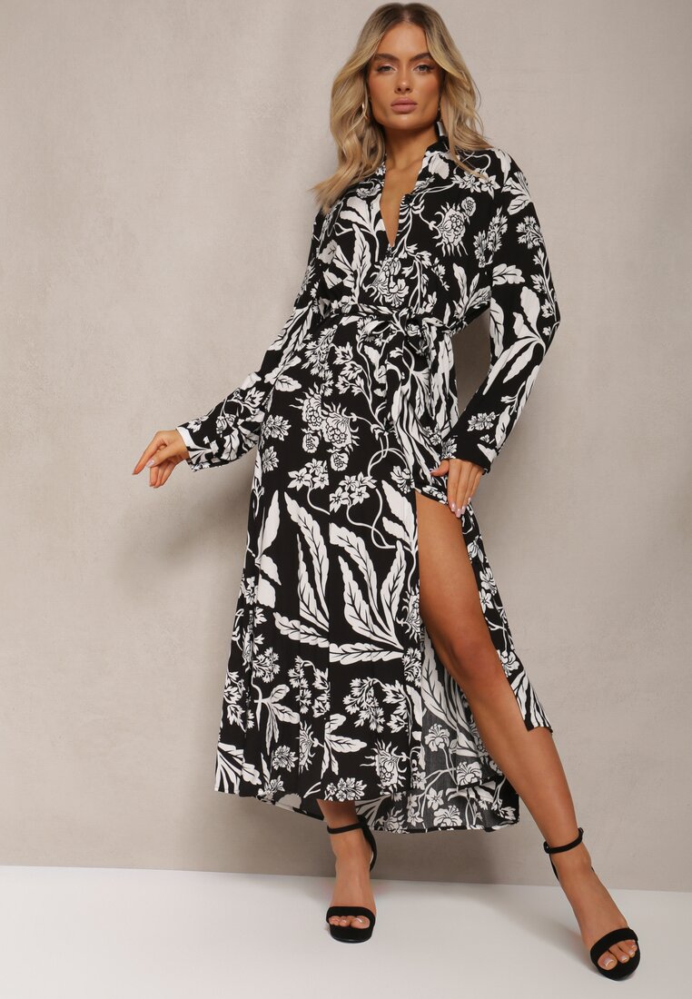 Rochie Cămașă Alb-Negru cu Model Floral cu Curea Legată Rosallen