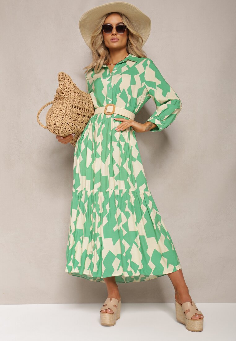 Rochie Evazată Maxi Tip Cămașă Verde-Bej cu Imprimeu Geometric Pholimena