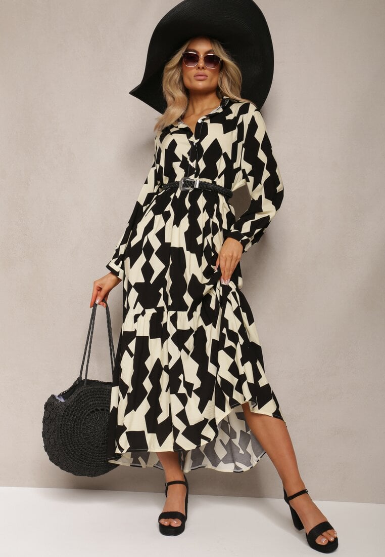 Rochie cloș maxi tip cămașă bej-negru cu model geometric Pholimena