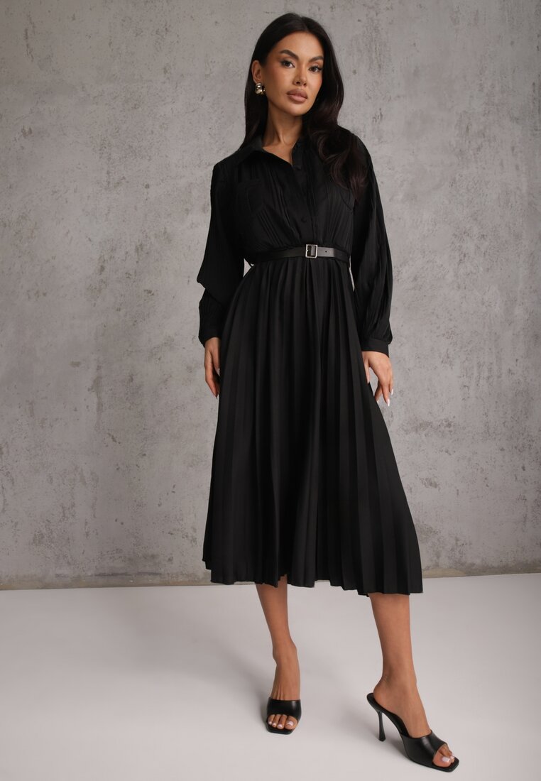 Rochie Midi Neagră evazată cu nasturi și curea decorată cu pliuri Lathori
