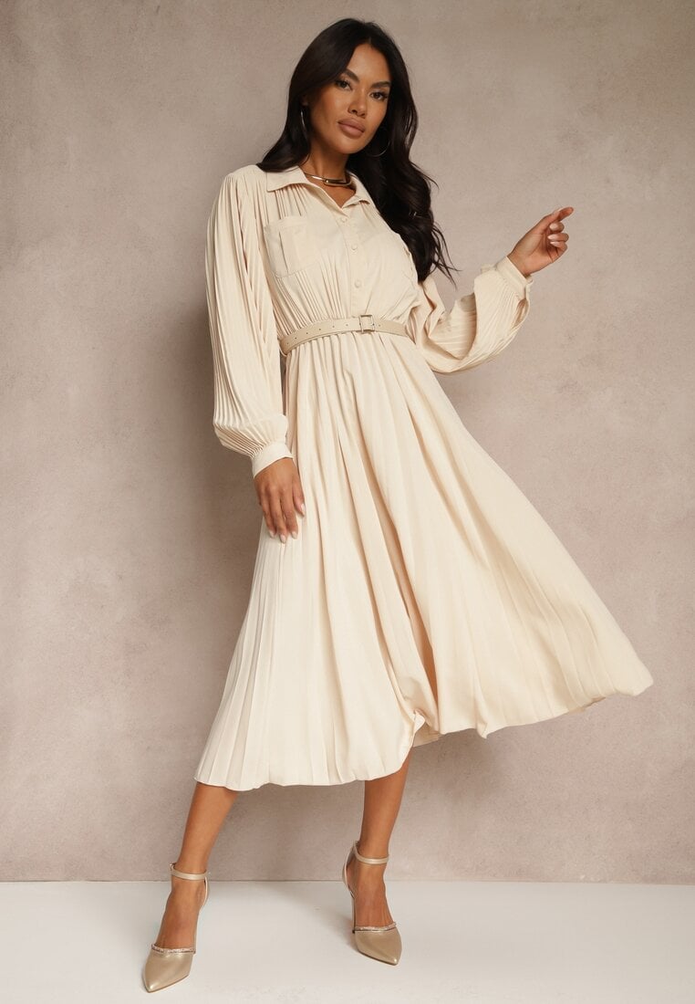 Rochie Rozkloszată Bej Midi cu Nasturi și Curea Decorată cu Pliuri Lathori