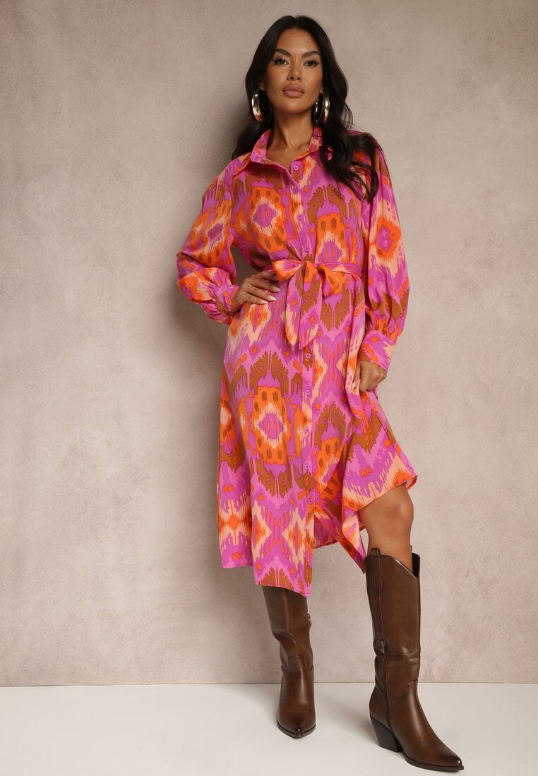 Rochie Midi Fucsia cu Croială Tip Cămașă Decorată cu Model Etnic Thailven