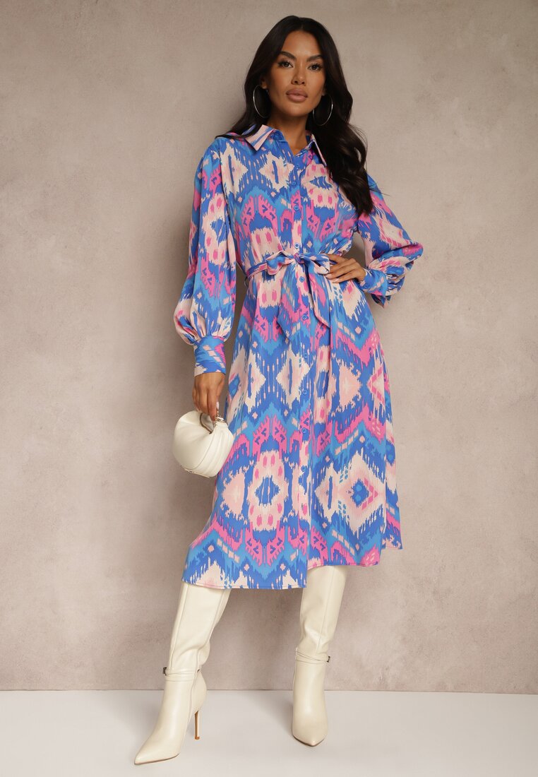 Rochie Midi Albastru-Roz cu croială de cămașă decorată cu model în stil etno Thailven