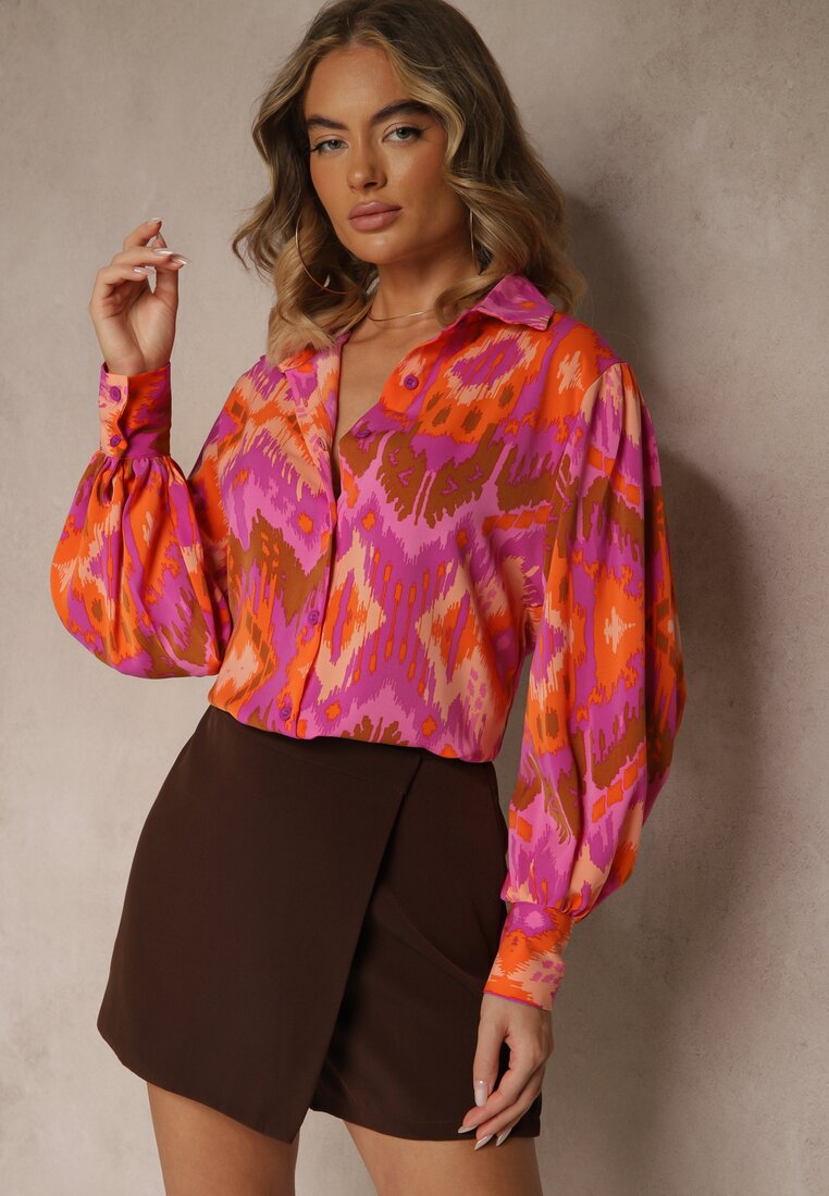 Cămașă Lejeră Fucsia cu Model Etnic și Mâneci Bufante Kaelith