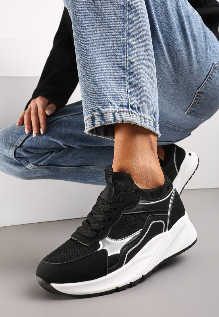 Adidași Negri cu șireturi pe talpă groasă cu inserții strălucitoare Nithirela