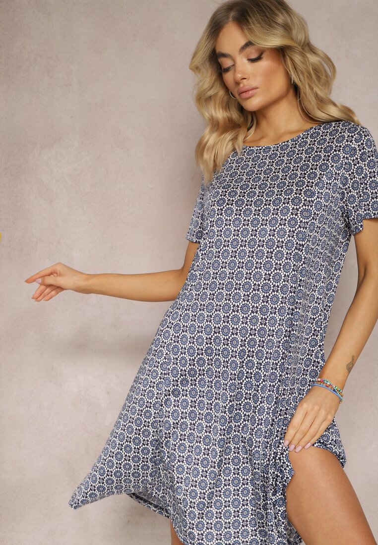 Rochie bleumarin din viscoză cu model mozaic și croi evazat Faellina
