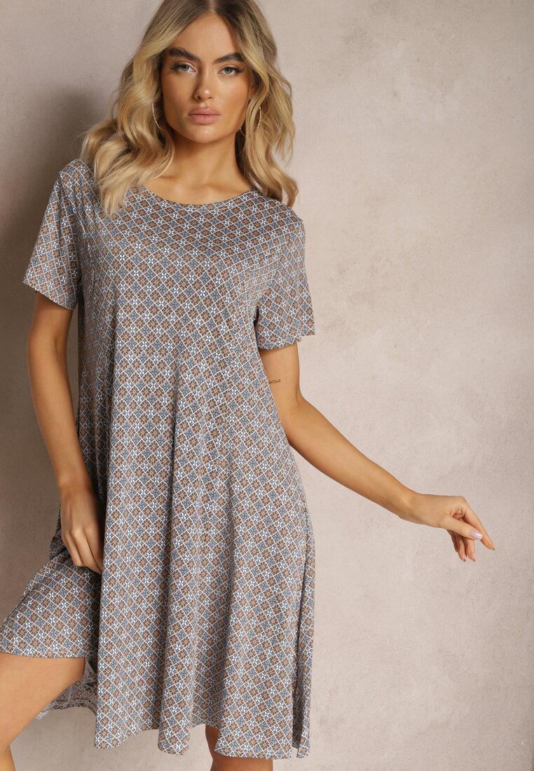 Rochie Mini Albastru-Bej din Vâscoză cu Poale Evazate Lontassa